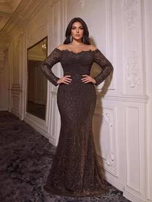 Glamrae Plus Off Shoulder Ruched Sequin Formal Dress - Coffee Brown - View 2