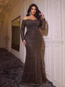 Glamrae Plus Off Shoulder Ruched Sequin Formal Dress - Coffee Brown - View 3