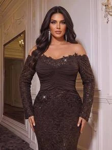 Glamrae Plus Off Shoulder Ruched Sequin Formal Dress - Coffee Brown - View 1