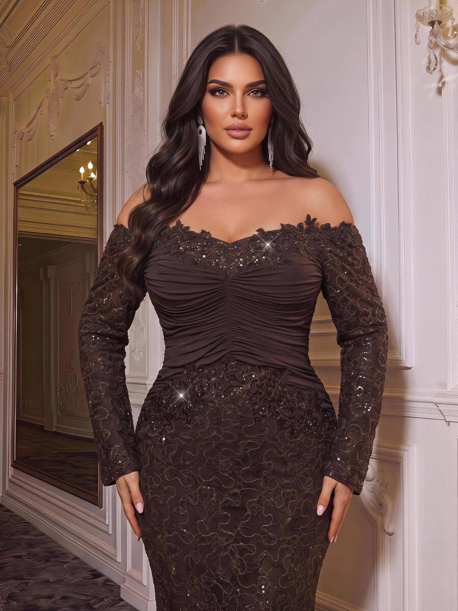 Glamrae Plus Off Shoulder Ruched Sequin Formal Dress - Coffee Brown - View 1