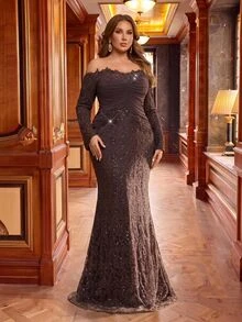 Glamrae Plus Off Shoulder Ruched Sequin Formal Dress - Coffee Brown - View 4