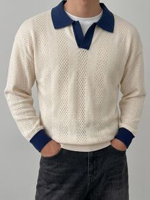 Claim Dot Men's Lightweight Seagull Collar Colorblock Long Sleeve Knit Sweater, Suitable For Autumn Outings, Essential For Fashionable Styling - Apricot - View 2