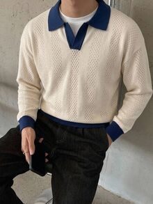 Claim Dot Men's Lightweight Seagull Collar Colorblock Long Sleeve Knit Sweater, Suitable For Autumn Outings, Essential For Fashionable Styling - Apricot - View 5