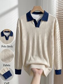 Claim Dot Men's Lightweight Seagull Collar Colorblock Long Sleeve Knit Sweater, Suitable For Autumn Outings, Essential For Fashionable Styling - Apricot - View 4