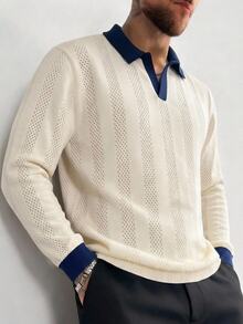 Claim Dot Men's Lightweight Seagull Collar Colorblock Long Sleeve Knit Sweater, Suitable For Autumn Outings, Essential For Fashionable Styling - Apricot - View 3
