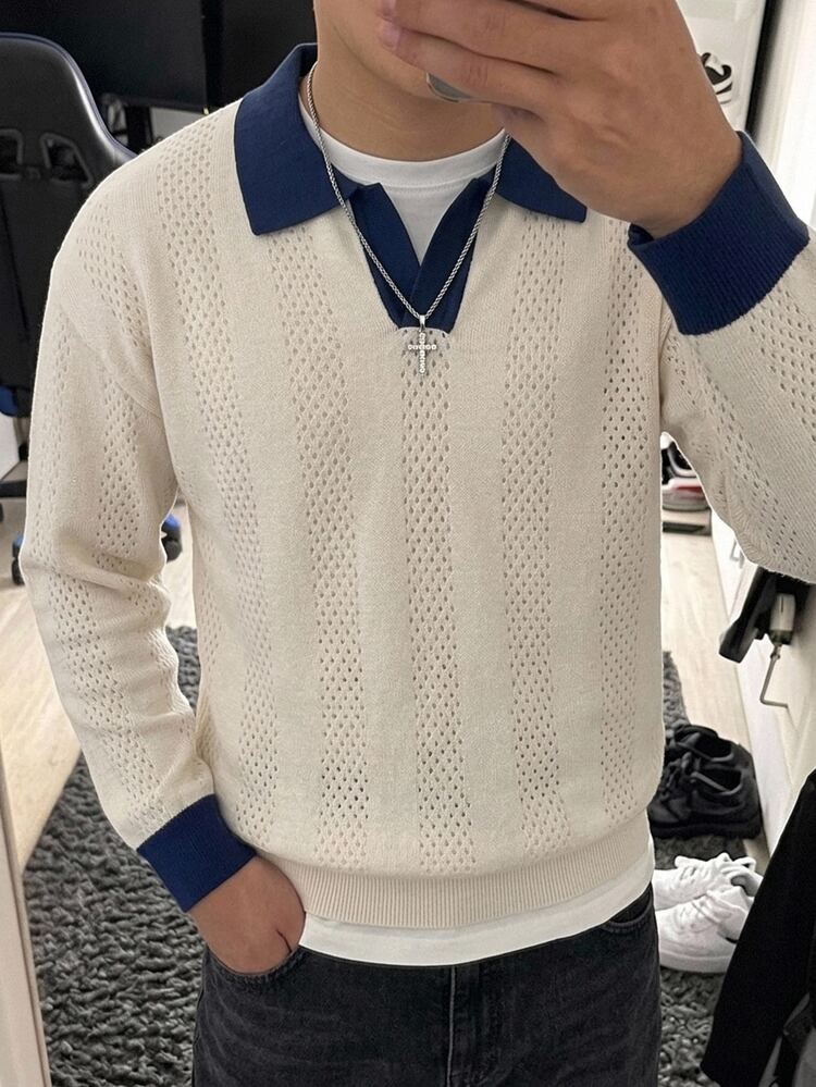 Claim Dot Sweater Rajut Lengan Panjang Pria Ringan dengan Kerah Camar dan Blok Warna, Cocok untuk Musim Gugur, Gaya Preppy Kasual Biru Putih untuk Mahasiswa dan Liburan. - Aprikot - View 1