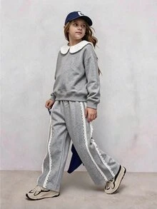 Tween Girls Long Sleeve Fleece 2 Pieces Tracksuit Set, Lace Peter Pan Collar Cropped Sweatshirt With Side Lace Trim WideLeg Pants, Fall Clothes - Grey - View 3