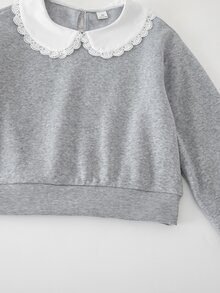 Tween Girls Long Sleeve Fleece 2 Pieces Tracksuit Set, Lace Peter Pan Collar Cropped Sweatshirt With Side Lace Trim WideLeg Pants, Fall Clothes - Grey - View 10