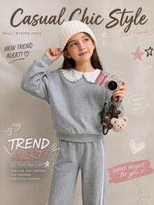 Tween Girls Long Sleeve Fleece 2 Pieces Tracksuit Set, Lace Peter Pan Collar Cropped Sweatshirt With Side Lace Trim WideLeg Pants, Fall Clothes - Grey - View 2