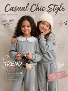 Tween Girls Long Sleeve Fleece 2 Pieces Tracksuit Set, Lace Peter Pan Collar Cropped Sweatshirt With Side Lace Trim WideLeg Pants, Fall Clothes - Grey - View 1