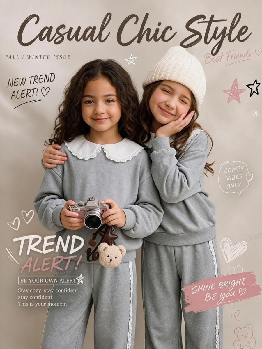 Tween Girls Long Sleeve Fleece 2 Pieces Tracksuit Set, Lace Peter Pan Collar Cropped Sweatshirt With Side Lace Trim WideLeg Pants, Fall Clothes - Grey - View 1