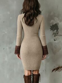 LUMIGAL Women's High Neck Contrast Lace Cuff Slim Fit Elegant Knit Dress - Camel - View 3