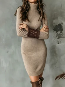 LUMIGAL Women's High Neck Contrast Lace Cuff Slim Fit Elegant Knit Dress - Camel - View 4