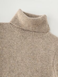 LUMIGAL Women's High Neck Contrast Lace Cuff Slim Fit Elegant Knit Dress - Camel - View 5