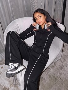 SHEIN 青少年女孩牛仔針織純色前胸圖案印花雙口袋長袖連帽拉鍊外套，秋季、萬聖節、校園黑白配色 - 黑色 - 查看 1