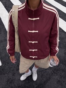 SHEIN Sparklyn Teen Girls Side Stripe Frog Button Design Casual Jacket, Crop, Knit, Hoodie, Oversized, Loose, Ribbed, Back To School, Fall Clothes, Halloween, School - Burgundy - View 4