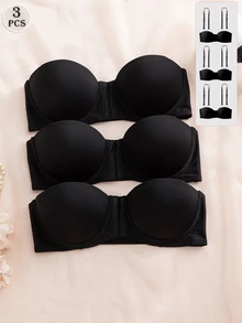 DesireSculpt Set de 3 sujetadores con cierre delantero push up de varios colores para balcón, con tirantes convertibles - Negro - Ver 2