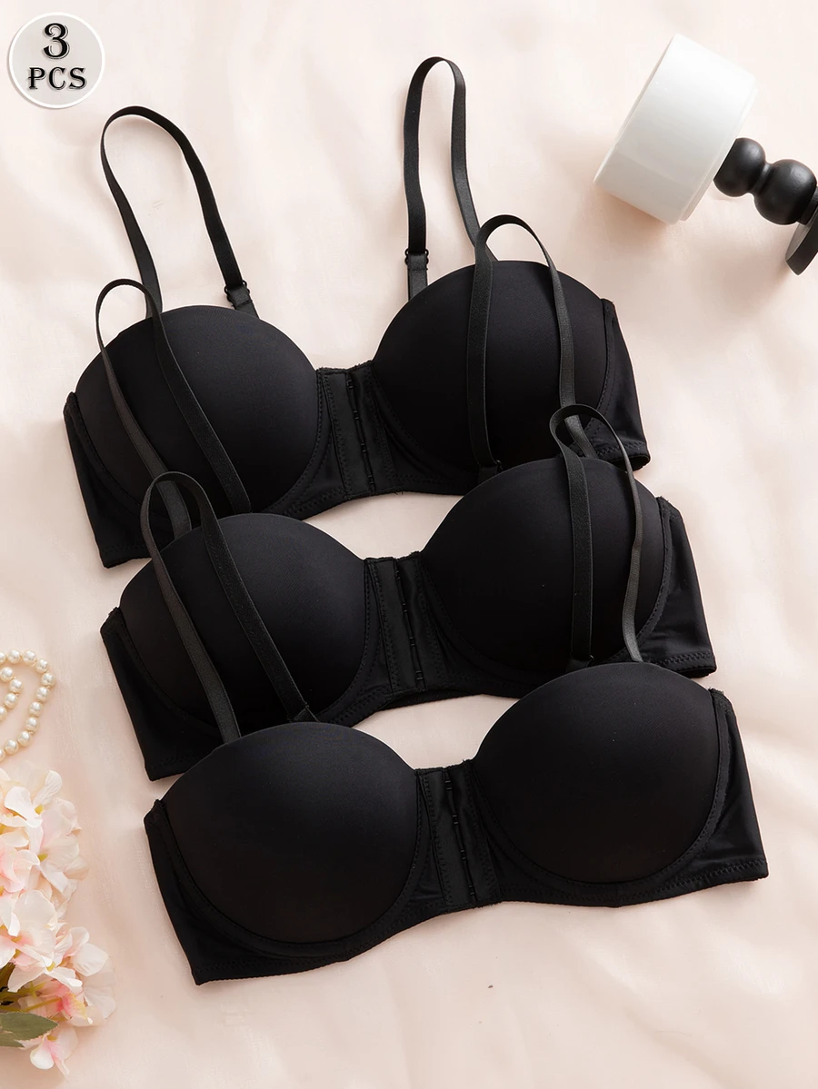 DesireSculpt Set de 3 sujetadores con cierre delantero push up de varios colores para balcón, con tirantes convertibles - Negro - Ver 1