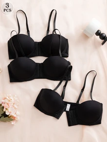 DesireSculpt Set de 3 sujetadores con cierre delantero push up de varios colores para balcón, con tirantes convertibles - Negro - Ver 3