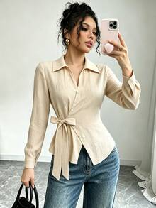 Elenzga 杏色純色側邊打結襯衫，優雅秋季辦公通勤風 - 杏色 - 查看 7