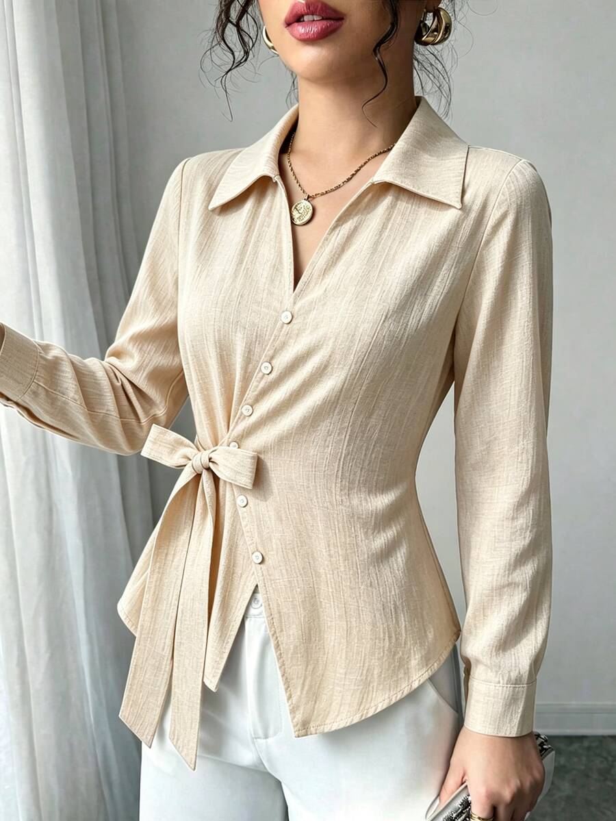 Elenzga 杏色純色側邊打結襯衫,優雅秋季辦公通勤風 - 杏色 - 查看 1