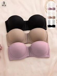 Snug Zone 3pcs/Set Multi-Color Balcony Bra Front Closure Push Up Bra, Convertible Spaghetti Strap & Spaghetti Strap - Multicolor - View 2