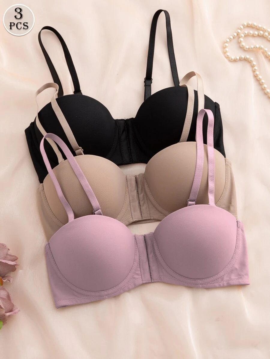 Snug Zone 3pcs/Set Multi-Color Balcony Bra Front Closure Push Up Bra, Convertible Spaghetti Strap & Spaghetti Strap - Multicolor - View 1