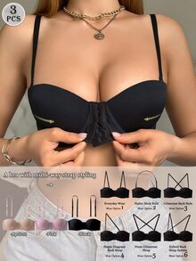 Snug Zone 3pcs/Set Multi-Color Balcony Bra Front Closure Push Up Bra, Convertible Spaghetti Strap & Spaghetti Strap - Multicolor - View 6
