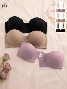 Snug Zone 3pcs/Set Multi-Color Balcony Bra Front Closure Push Up Bra, Convertible Spaghetti Strap & Spaghetti Strap - Multicolor - View 5