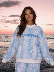 SHEIN Tween Girls Long Sleeve Fleece Fall Outfits Graphic T-Shirt Set 2 Pieces Blue Tropical Print Pullover And Sweatpants Matching Outfits Casual Lounge... - Blue - View 3