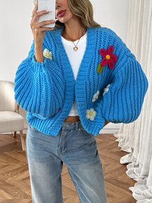 Elyressa Cardigan Kasual Wanita Musim Gugur/Dingin dengan Dekorasi Bunga 3D - Biru - View 8