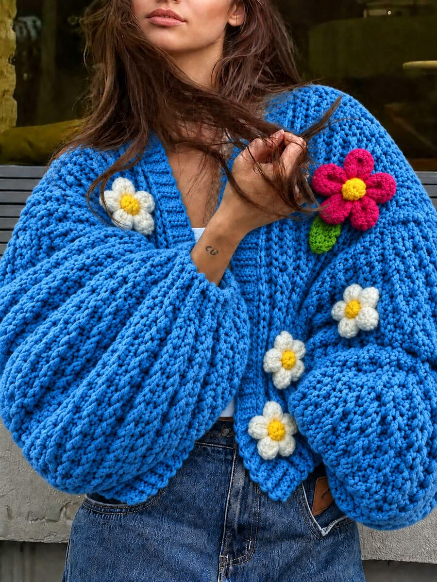 Elyressa Cardigan Kasual Wanita Musim Gugur/Dingin dengan Dekorasi Bunga 3D