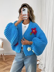 Elyressa Cardigan Kasual Wanita Musim Gugur/Dingin dengan Dekorasi Bunga 3D - Biru - View 4