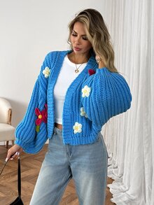Elyressa Cardigan Kasual Wanita Musim Gugur/Dingin dengan Dekorasi Bunga 3D - Biru - View 7