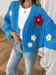 Elyressa Cardigan Kasual Wanita Musim Gugur/Dingin dengan Dekorasi Bunga 3D - Biru - View 5