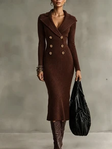 LUMIGAL Gaun Rajut Elegan Pas Badan Lengan Panjang Kancing Ganda untuk Wanita - Coffee Brown - View 1