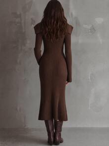 LUMIGAL Gaun Rajut Elegan Pas Badan Lengan Panjang Kancing Ganda untuk Wanita - Coffee Brown - View 2