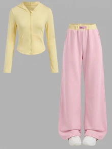 SHEIN Tween Girls 2pcs Solid Pink Drawstring Hoodie & Wide Leg Pants Set, Suitable For Spring/Autumn Casual And Daily Wear - Yellow - View 2