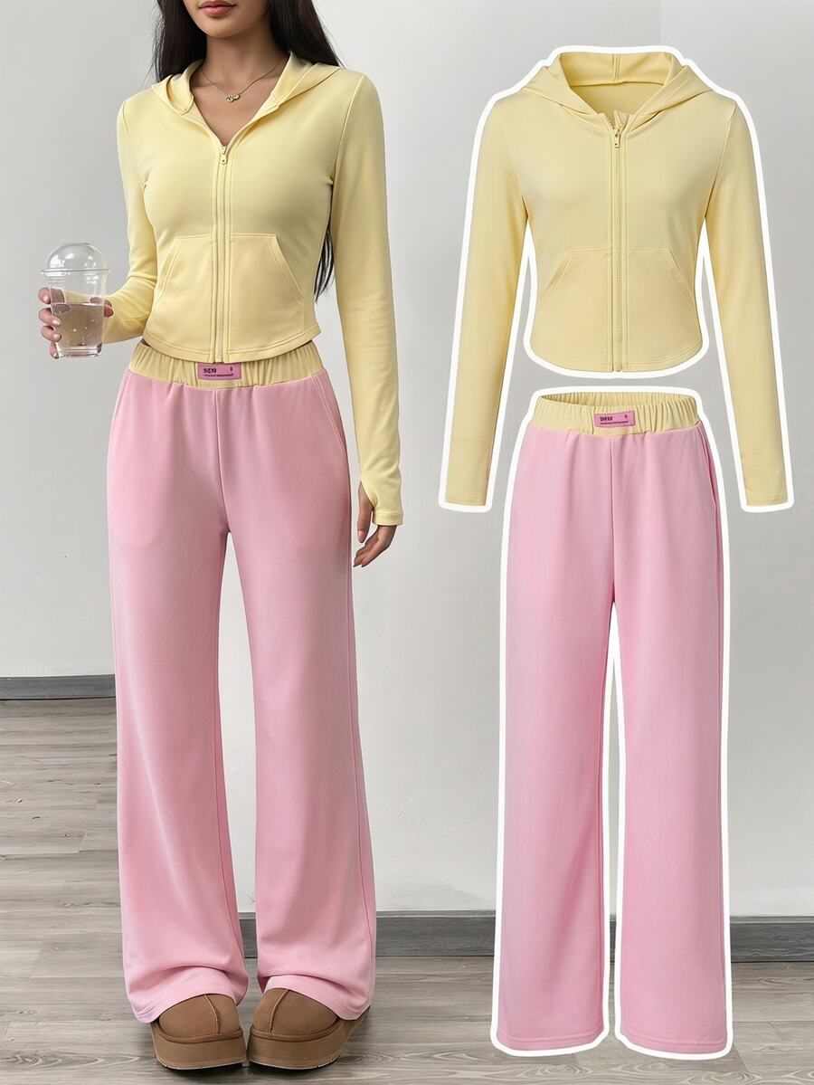 SHEIN Tween Girls 2pcs Solid Pink Drawstring Hoodie & Wide Leg Pants Set, Suitable For Spring/Autumn Casual And Daily Wear - Yellow - View 1