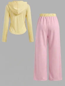 SHEIN Tween Girls 2pcs Solid Pink Drawstring Hoodie & Wide Leg Pants Set, Suitable For Spring/Autumn Casual And Daily Wear - Yellow - View 5