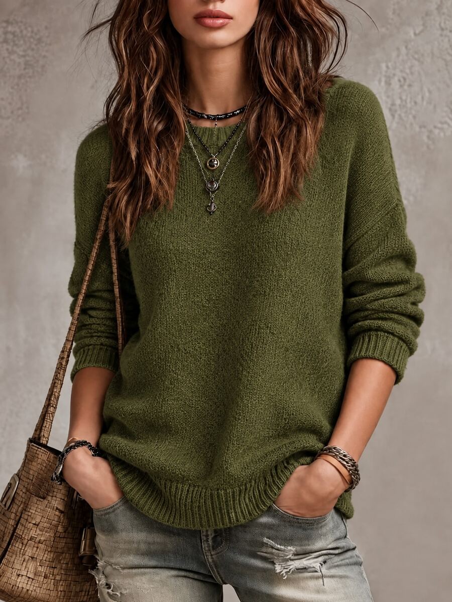 Elafinee Loose Round-Neck Lantern Sleeveharmony Drop Shoulderknitted Sweater - Army Green - View 1