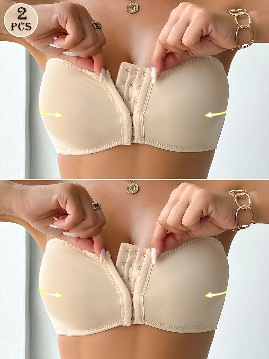 Wedaily 2pcs/Set Multicolor Women's Bras, Front Closure Padded Push-Up Bras - Apricot - View 1