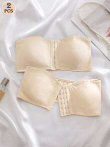 Wedaily 2pcs/Set Multicolor Women's Bras, Front Closure Padded Push-Up Bras - Apricot - View 2
