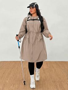 SHEIN EZwear Khaki Plus Size Women's Waterproof Hooded Jacket - Khaki - View 7