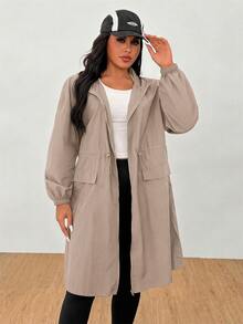 SHEIN EZwear Khaki Plus Size Women's Waterproof Hooded Jacket - Khaki - View 6