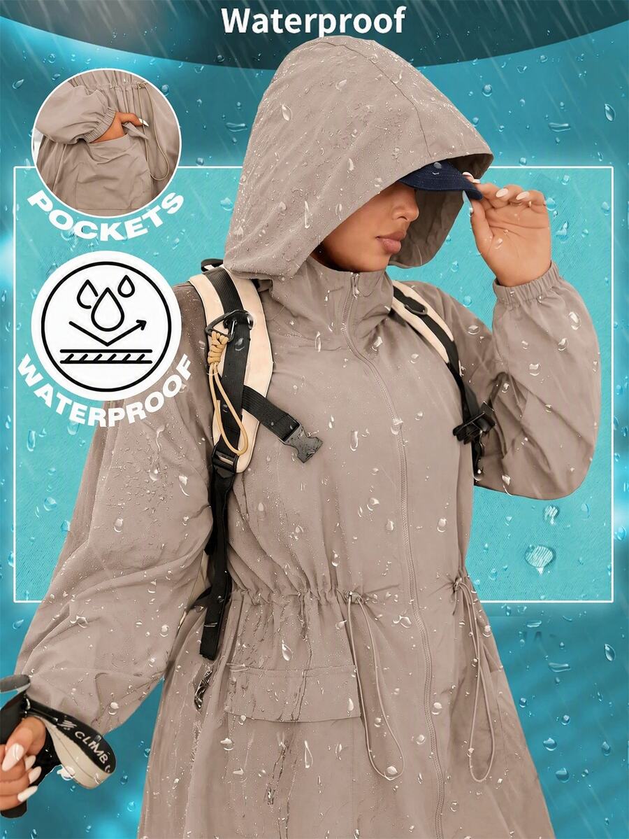 SHEIN EZwear Khaki Plus Size Women's Waterproof Hooded Jacket - Khaki - View 1