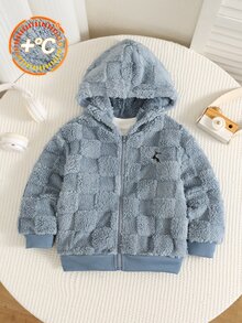 SHEIN 兒童男孩女孩秋冬連帽長袖格紋抓絨外套，加厚保暖內裡，雙面抓絨，適合戶外休閒、滑雪、返校、日常、運動，男孩外套，男孩大衣 - 彩色 - 查看 4