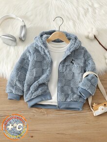 SHEIN 兒童男孩女孩秋冬連帽長袖格紋抓絨外套，加厚保暖內裡，雙面抓絨，適合戶外休閒、滑雪、返校、日常、運動，男孩外套，男孩大衣 - 彩色 - 查看 5
