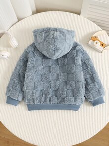 SHEIN 兒童男孩女孩秋冬連帽長袖格紋抓絨外套，加厚保暖內裡，雙面抓絨，適合戶外休閒、滑雪、返校、日常、運動，男孩外套，男孩大衣 - 彩色 - 查看 3