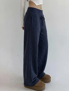 DAZY Women's Casual Sports Solid Color Relaxed Fit Drawstring Waist Long Pants, Spring/Summer Sweatpants - Navy Blue - View 4